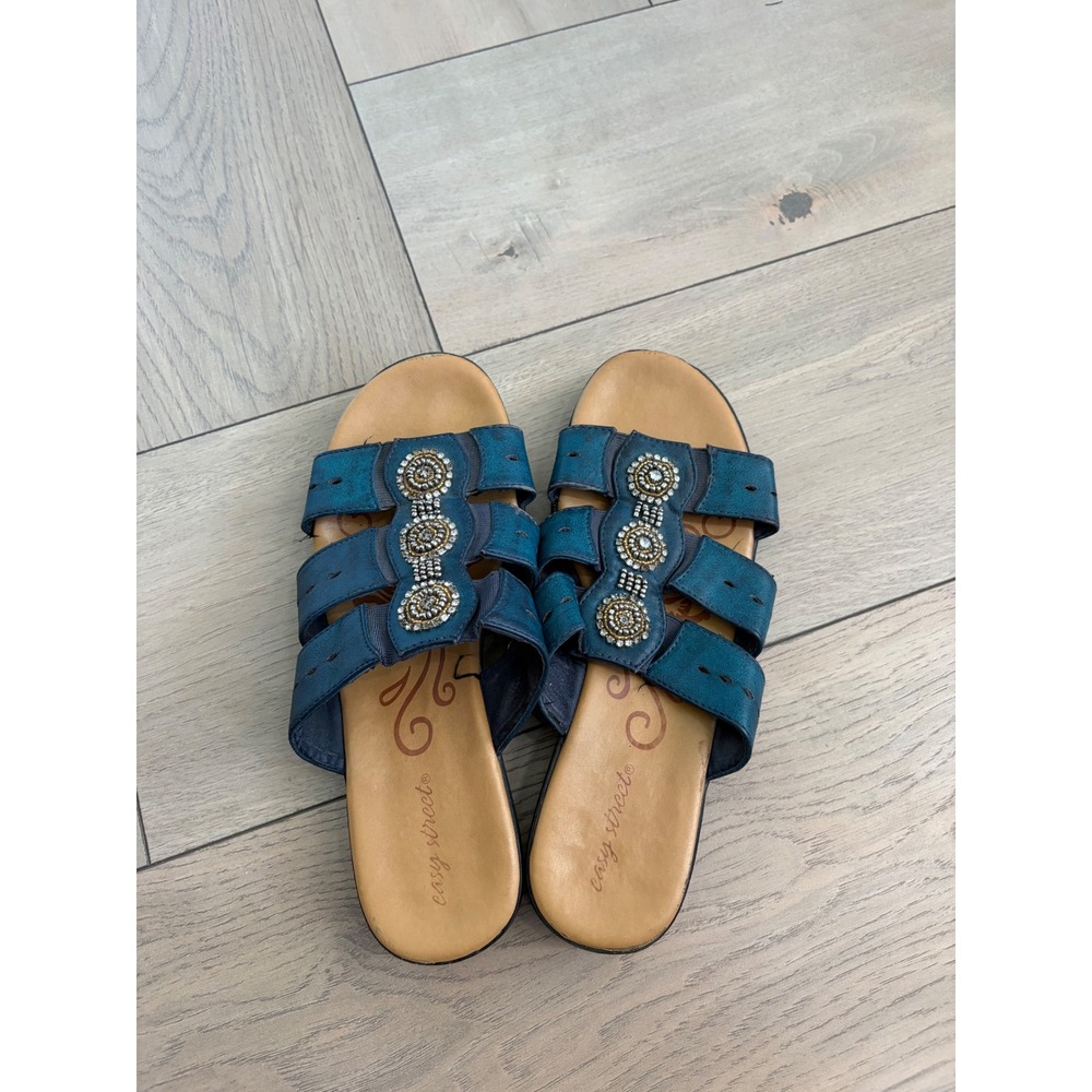 Easy Street Womens Teal Blue Beaded Medallion Slide Sandals Size 9.5 M Boho Flat